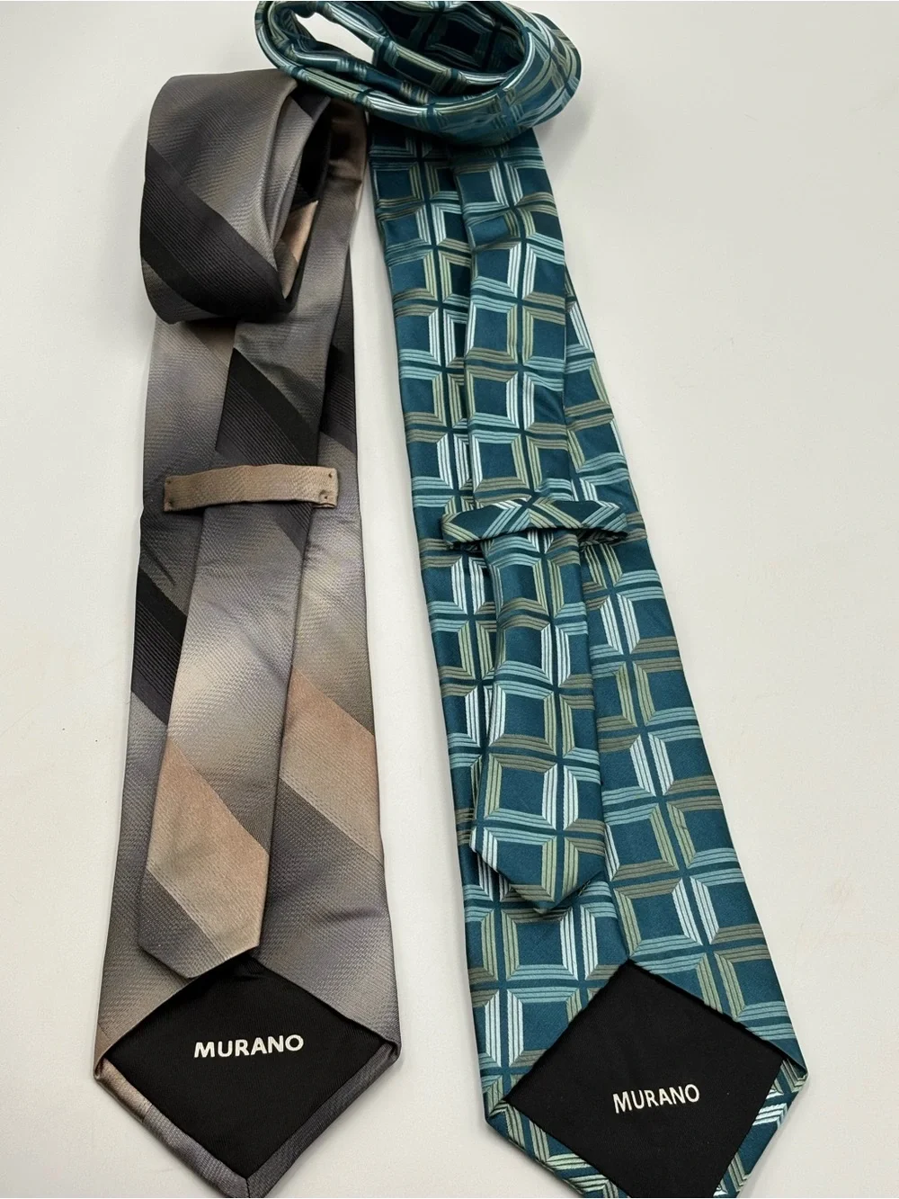 Lot of 2 Murano Men’s Designer Neck Ties Gray Stripe & Blue Geometric